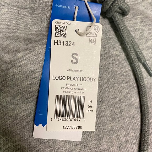 Adidas Mens Gray Originals Logo Play Pockets Long Sleeve Pullover Hoodie Size S - Picture 3 of 3